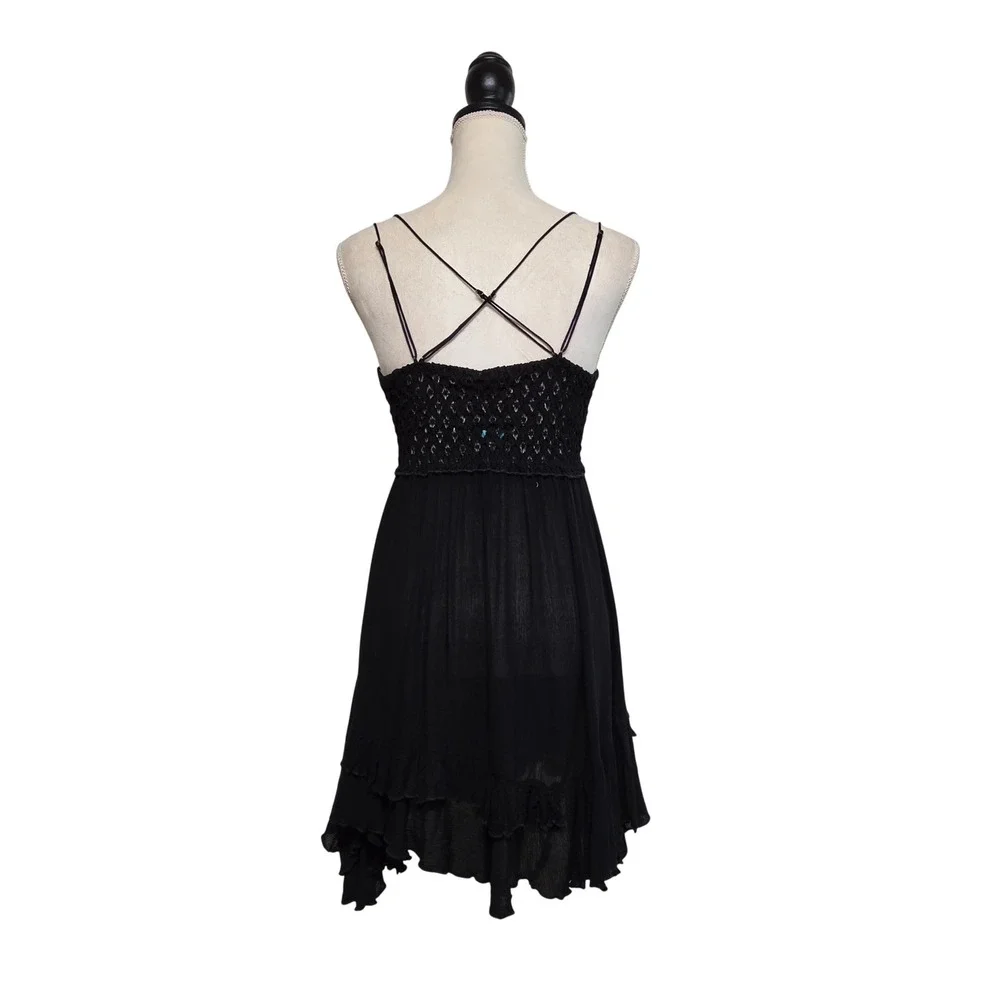 Free People FP One Adella Slip Crochet Lace Black Mini Dress L Tiered Ruffle NEW